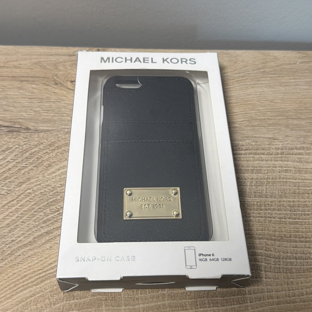 Michael Kors iPhone 6 Case Black Saffiano Card Holder Gold Logo Wallet NWT Box